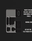 Tactic Engineering magnetic van hook infographic showing three features: quick release insert for hanging mobile solar panels, normal hook mode and cut out for flex trash system integration