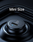 30W USB-C car charger installed flush in vehicle cigarette lighter socket - mini size close-up showing USB-C port and blue LED