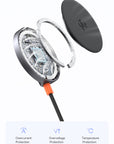 Tactic Engineering MagSafe phone mount charger safety infographic showing fast heat dissipation design with 9 point protection including overcurrent, overvoltage, temperature, short circuit, overpower, overdischarge, overcharge, foreign object detection, and electromagnetic field shielding