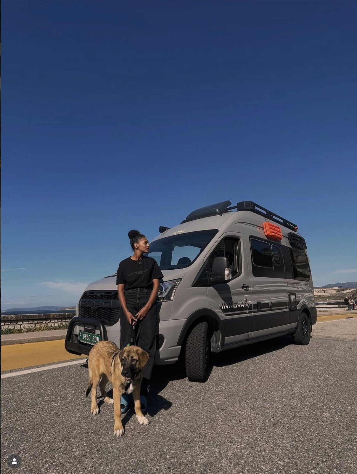 Ford Transit campervan with XBULL and Vevor recovery boards magnetically mounted on the side panel for overland travel