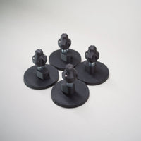 Five Tactic Engineering magnetic supports for MaxTrax MK2 LITE and XTREME recovery boards, SLS 3D printed nylon mounts with stainless steel quick release pins on circular rubber coated neodymium magnet bases, product group photo on light gray background