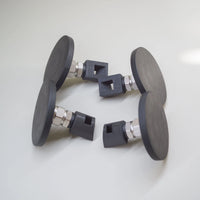 Four Tactic Engineering magnetic mounts for Starlink Gen 2 dish on curved surfaces, SLS 3D printed nylon adjustable joint brackets with stainless steel bolts on circular rubber coated neodymium magnet bases, product group photo on light gray background