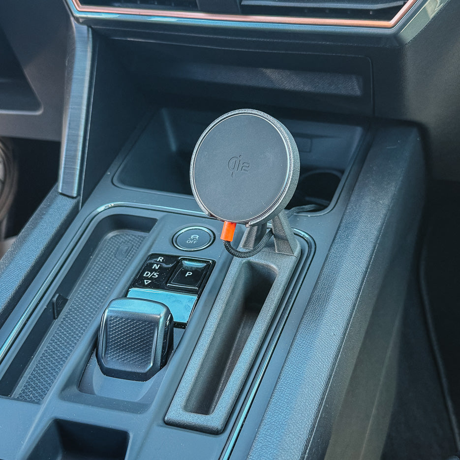 iPhone on magnetic phone mount in Cupra Formentor 2020–2023 showing map navigation, mounted at eye line beside the gear selector