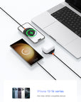 Tactic Engineering wireless charging and MagSafe device wide compatibility chart, works with iPhone 12 to 16 series, AirPods, Huawei, Samsung and other Qi and Qi2 compatible devices, lifestyle photo showing phone laptop and earbuds charging simultaneously