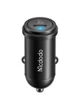30W Mini USB-C car charger for MagSafe phone mounts - compact flush-fit design with blue LED indicator and 12V cigarette lighter plug