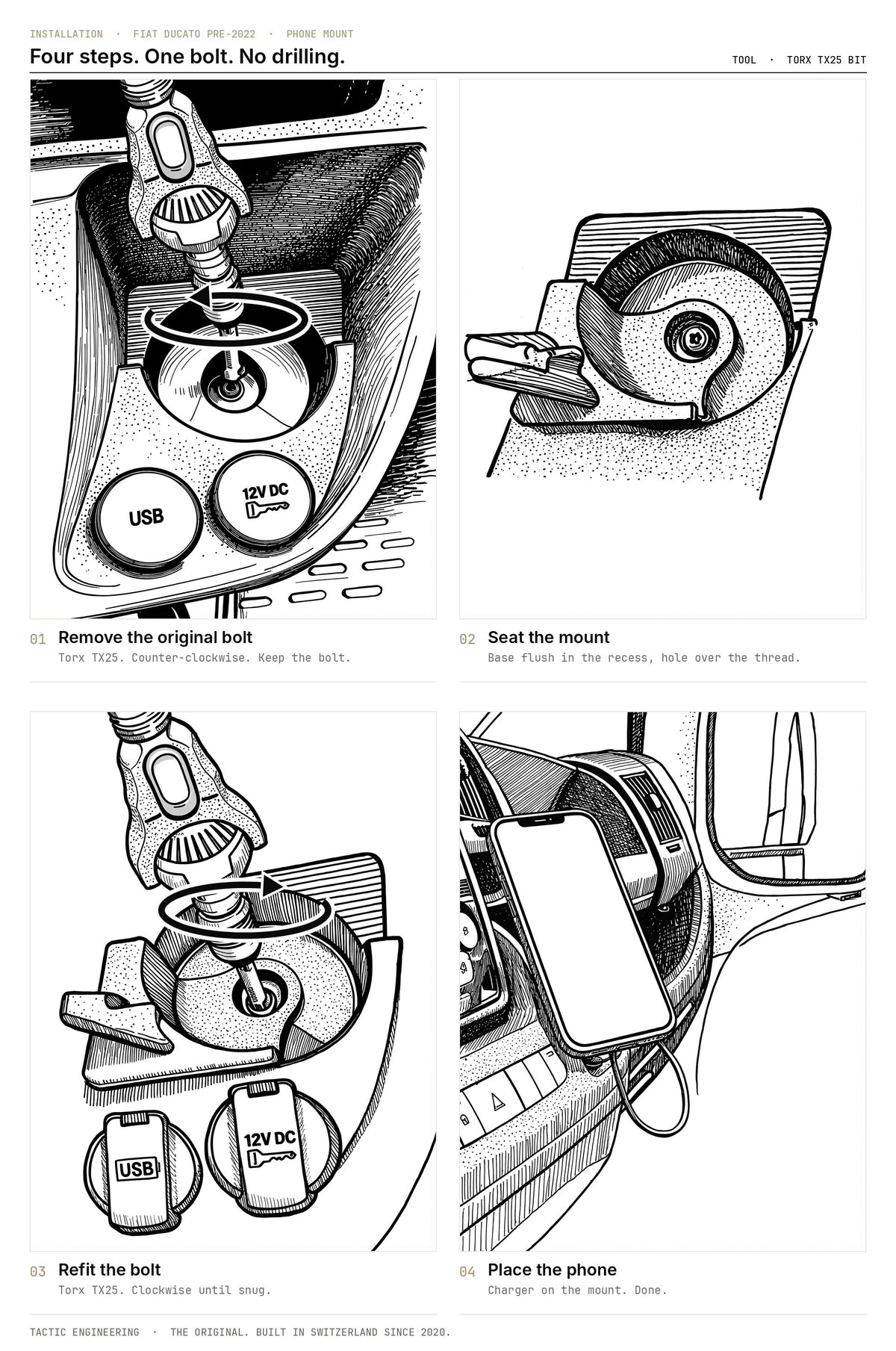 Installation in four steps: remove the TX25 Torx screw in the Fiat Ducato pre-2022 cup holder, seat the mount, refit the screw, place the phone. Same for Citroën Jumper, Peugeot Boxer and Ram ProMaster