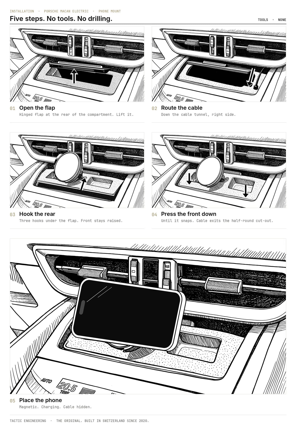 Porsche Macan Electric phone mount installation in five steps, no tools: open the flap, route the cable, hook the rear, press the front down, place the phone