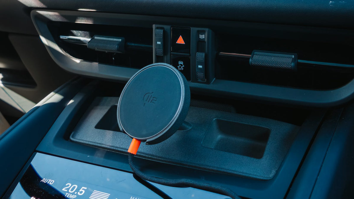 Tactic Engineering phone mount for the Porsche Macan EV, front view of the MagSafe-compatible Qi2 charging head in the centre console
