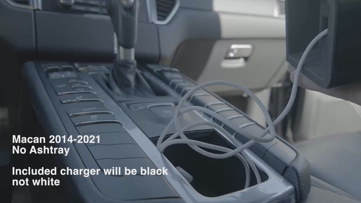 Installing the Tactic Engineering phone mount in a Porsche Macan 95B (2014-2021) without ashtray: base drops into the centre console, cable routed, phone snaps on magnetically. Included charger ships black.