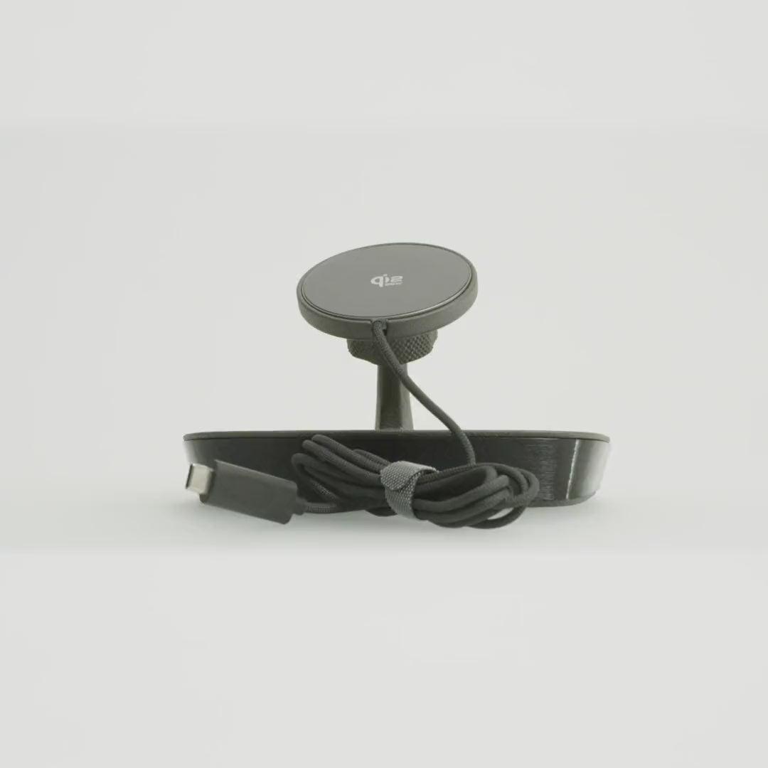 Porsche Panamera 971 phone mount by Tactic Engineering, 360° view: vehicle-specific SLS Nylon 12 console insert with MagSafe-compatible Qi2 wireless charger. Made in Switzerland.