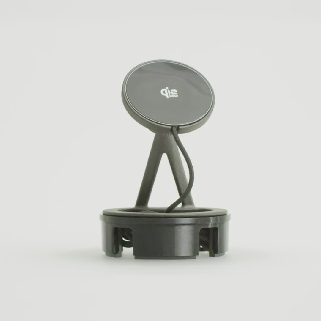 Ford Ranger 2024+ phone mount by Tactic Engineering, 360° view: vehicle-specific SLS Nylon 12 base with MagSafe-compatible Qi2 wireless charger. Made in Switzerland.