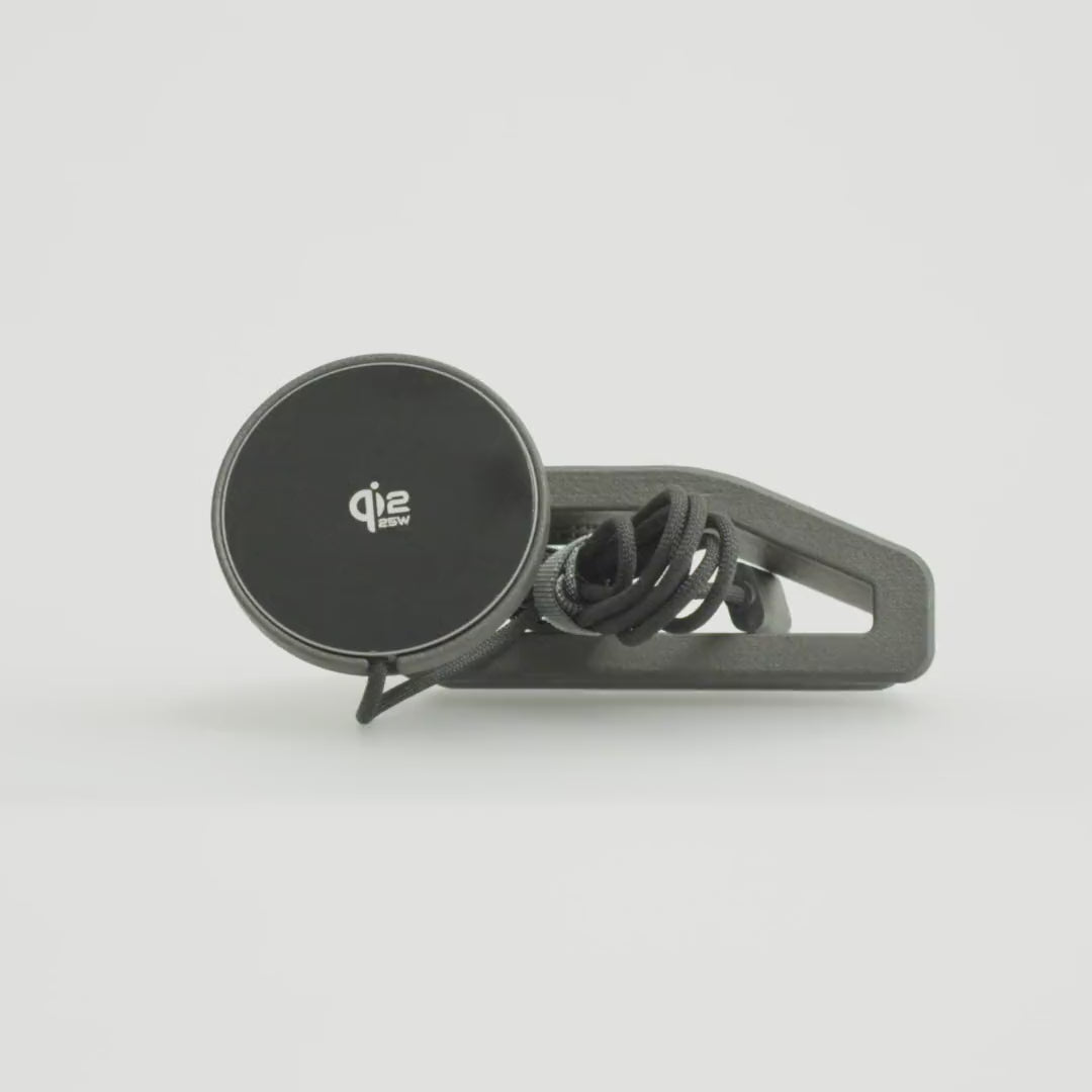 Mercedes-Benz Sprinter 907 / VS30 (2019–2026) phone mount by Tactic Engineering rotating 360°: vehicle-specific SLS nylon base designed and built in Switzerland, with MagSafe-compatible Qi2 wireless charger.