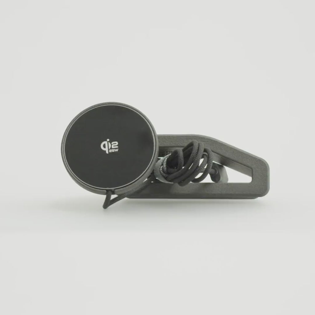 Mercedes-Benz Sprinter 907 / VS30 (2019–2026) phone mount by Tactic Engineering rotating 360°: vehicle-specific SLS nylon base designed and built in Switzerland, with MagSafe-compatible Qi2 wireless charger.