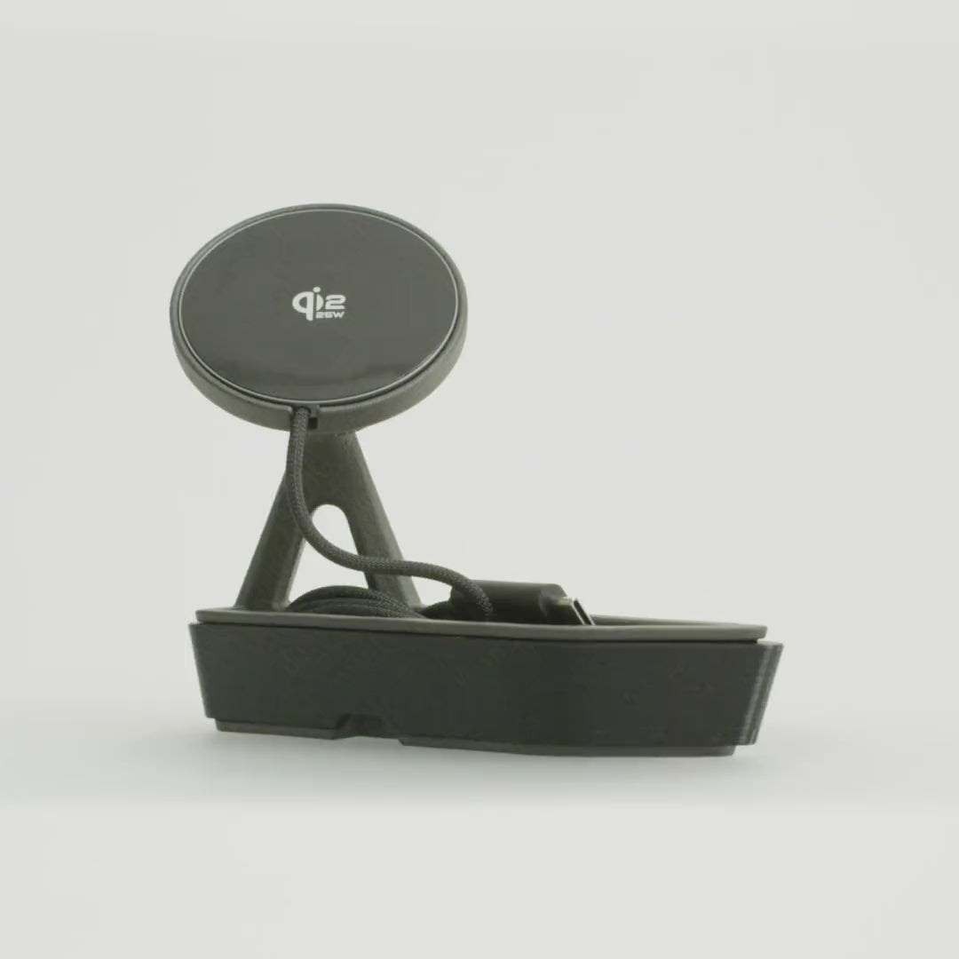 Cupra Leon 2020+ phone mount by Tactic Engineering, 360° view: vehicle-specific SLS Nylon 12 base with MagSafe-compatible Qi2 wireless charger. Made in Switzerland.