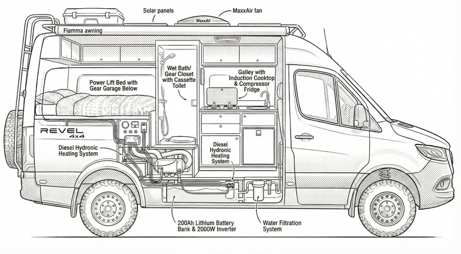 Illustrated cross-section of a campervan conversion showing interior layout and systems