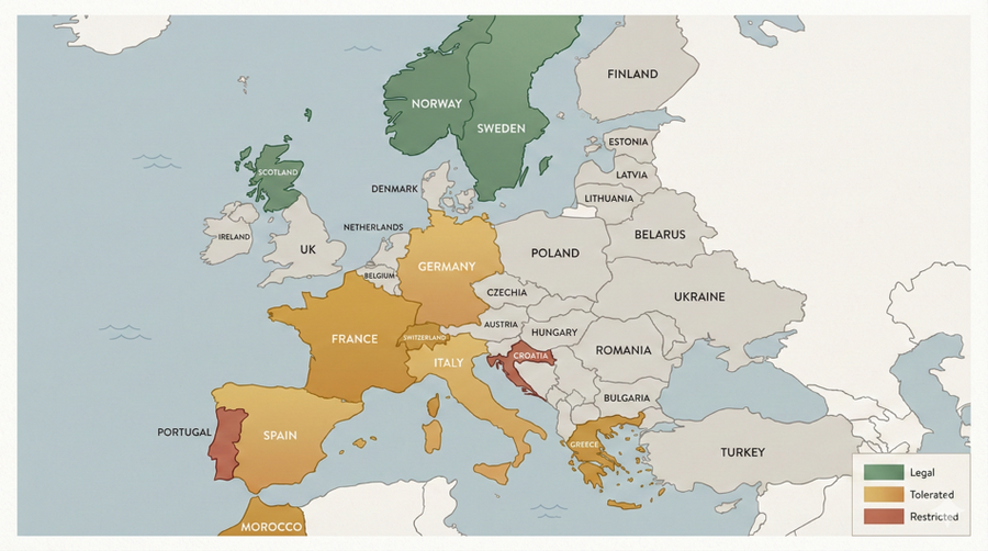 Map of Europe colour-coded by wild camping legality - green for legal, gold for tolerated, red for restricted